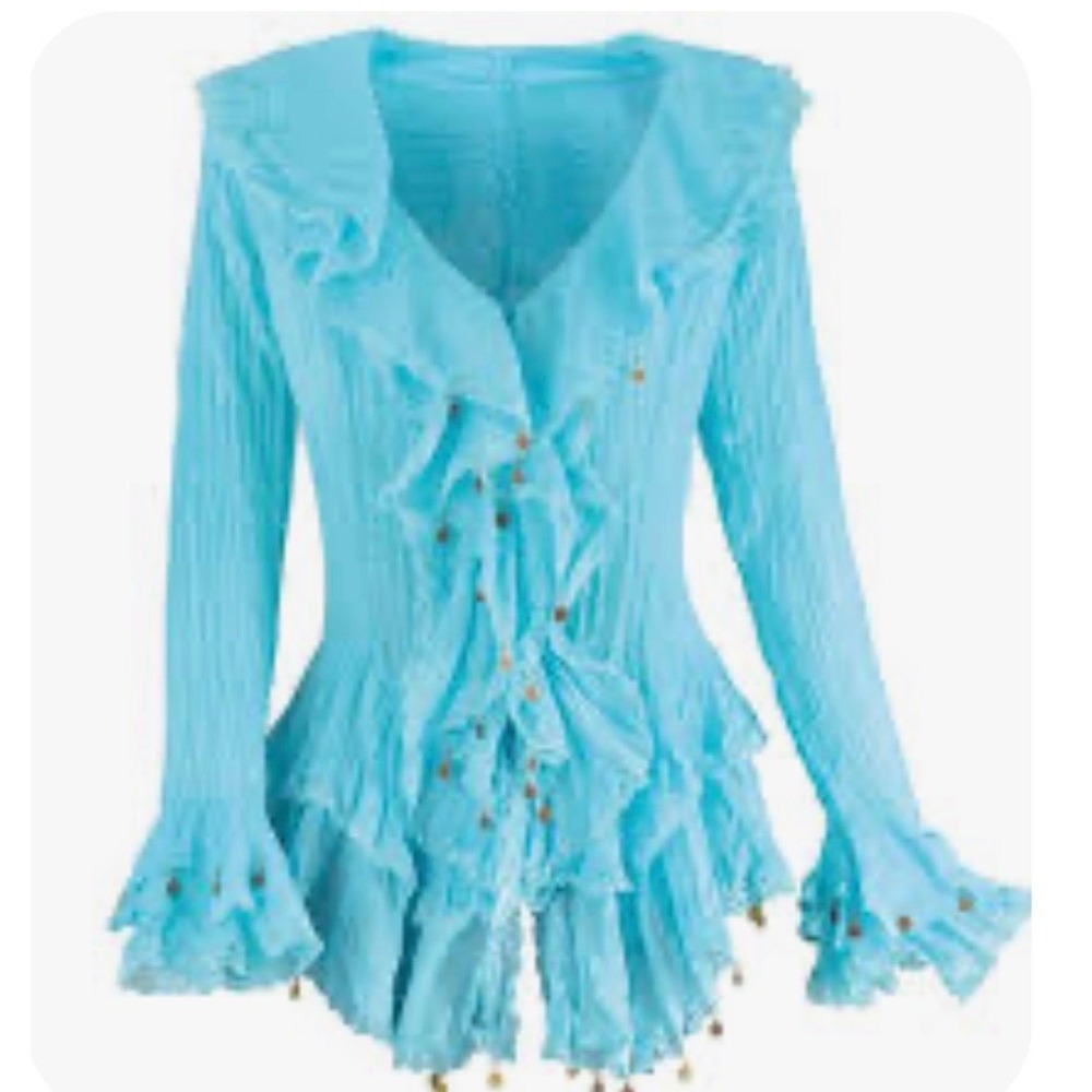 Expose Y2K Bohemian Crinkle Ruffle Lace Trim Gauze Blouse Women O/S  Boho Gypsy